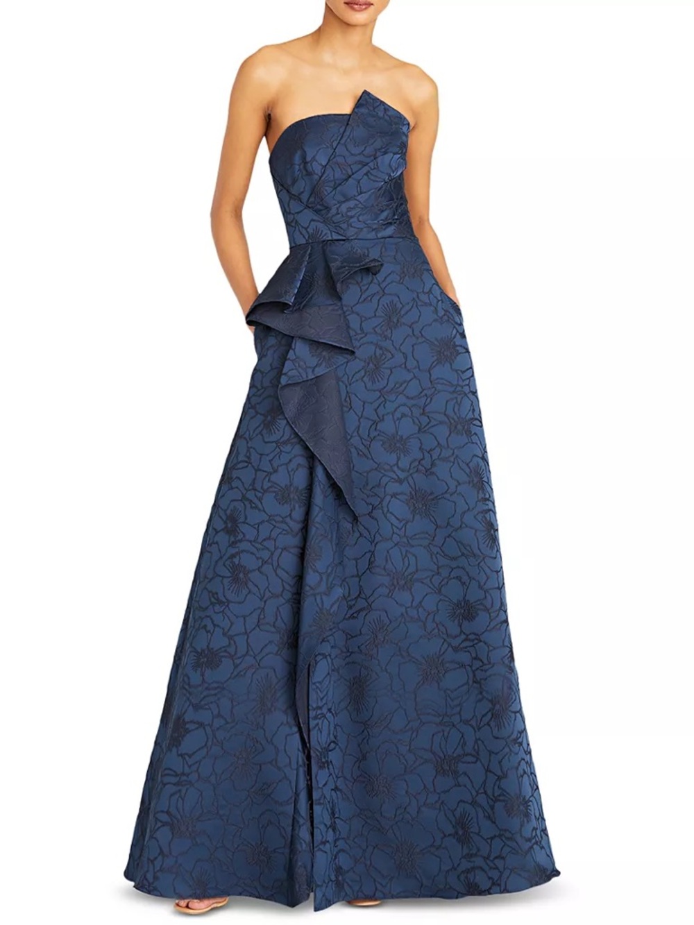 ML Monique Lhuillier Strapless Ruffle Floral Maxi Dress